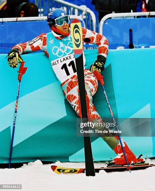Winter Olympic Games : Salt Lake City, 2/23/02, Park City, Utah, United States --- Sebastien Amiez Of France Watches Other Skiers After His Silver...