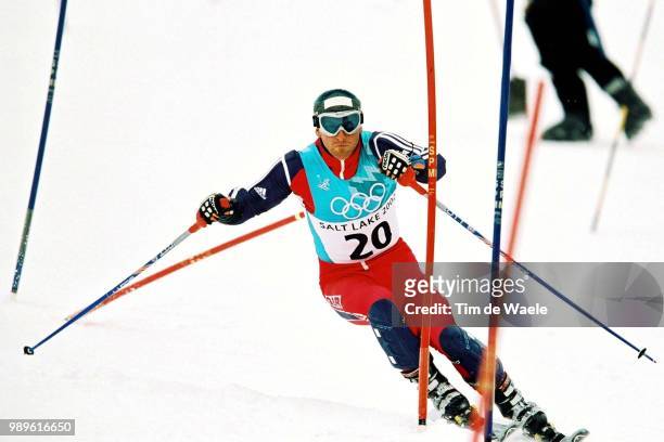 Winter Olympic Games : Salt Lake City, 2/23/02, Park City, Utah, United States --- Alain Baxter Of Great Britain Rounds A Gate During His Bronze...