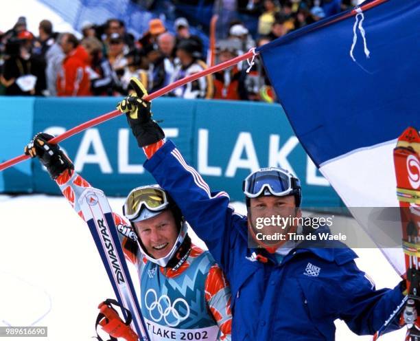 Winter Olympic Games : Salt Lake City, 2/23/02, Park City, Utah, United States --- Countrymen Jean-Pierre Vidal And Sebastien Amiez Hoist The Flag Of...