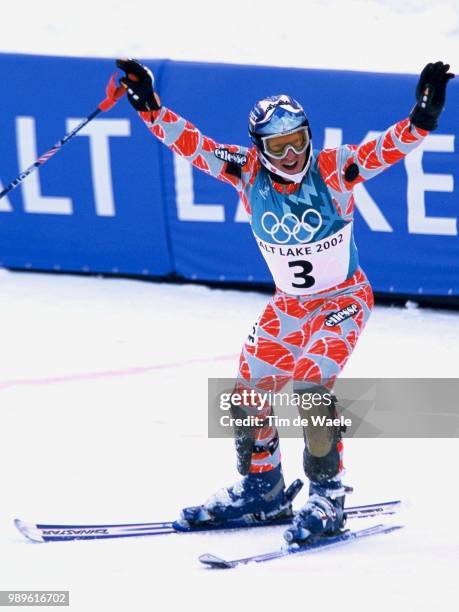 Winter Olympic Games : Salt Lake City, 2/23/02, Park City, Utah, United States --- Jean-Pierre Vidal Of France Reacts As He Sees His Time Is Good...