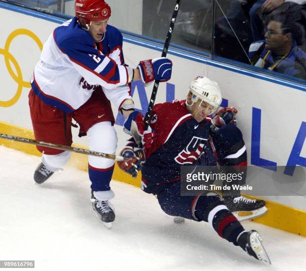 Winter Olympic Games : Salt Lake City, 2/22/02, West Valley City, Utah, United States --- Usa Men'S Hockey Player Brian Leetch Is Driven To The Ice...