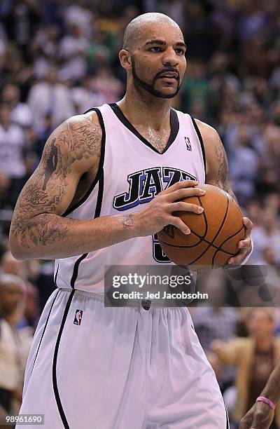 Carlos Boozer of the Utah Jazz reacts to a call against the Los Angeles Lakers during Game Four of the Western Conference Semifinals of the 2010 NBA...