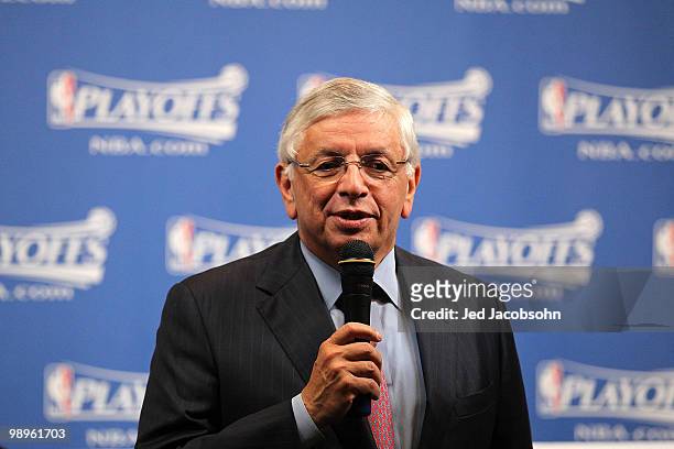 Commissioner David Stern speaks to the media prior to the Los Angeles Lakers and the Utah Jazz Game Four of the Western Conference Semifinals of the...