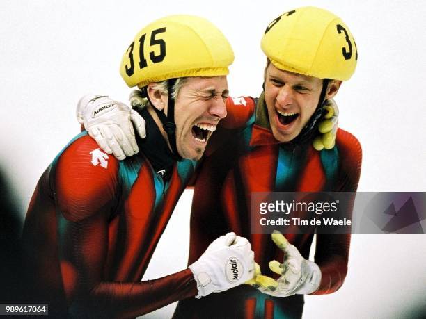 Winter Olympic Games : Salt Lake City, 2/23/02, Salt Lake City, Utah, United States --- Canada Short Track Speed Skaters Marc Gagnon And Teammate...