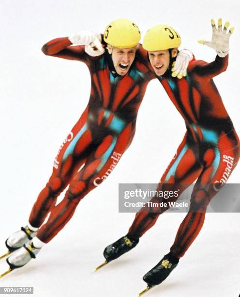 Winter Olympic Games : Salt Lake City, 2/23/02, Salt Lake City, Utah, United States --- Canada Short Track Speed Skaters Marc Gagnon And Teammate...