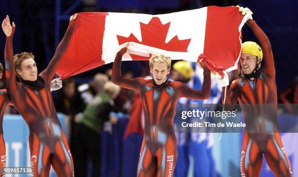 Winter Olympic Games : Salt Lake City, 2/23/02, Salt Lake City, Utah, United States --- Team Canada , Francois-Louis Tremblay, Jonathan Guilmette And...