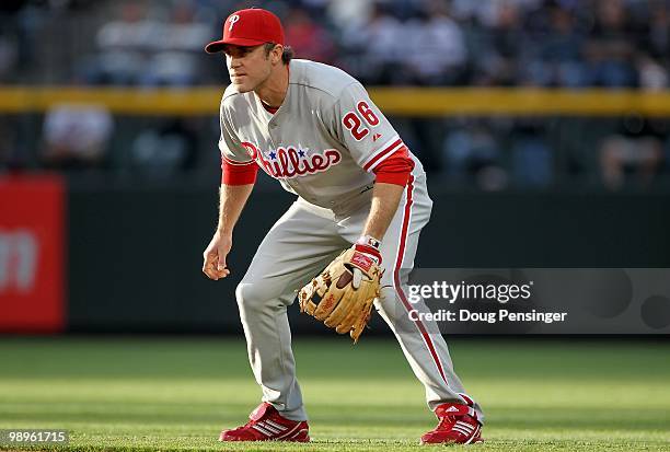 Second baseman Chase Utley of the Philadelphia Phillies plays defense against the Colorado Rockies at Coors Field on May 10, 2010 in Denver,...