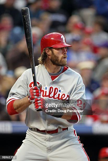 Jayson Werth of the Philadelphia Phillies takes an at bat against the Colorado Rockies at Coors Field on May 10, 2010 in Denver, Colorado. The...