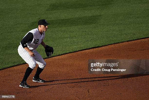 Shortstop Clint Barmes of the Colorado Rockies plays defense against the Philadelphia Phillies at Coors Field on May 10, 2010 in Denver, Colorado....