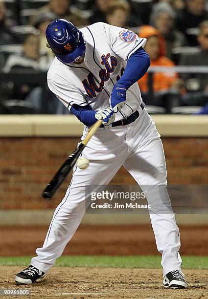 Jeff Francoeur of the New York Mets connects on a seventh inning broken bat infield hit against the Washington Nationals on May 10, 2010 at Citi...