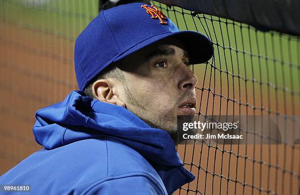 Oliver Perez of the New York Mets looks on from the dugout against the Washington Nationals on May 10, 2010 at Citi Field in the Flushing...