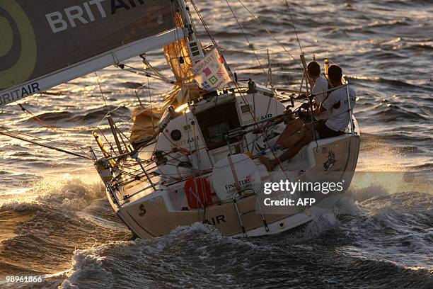 French skippers Armel Le Cleac'h and Fabien Delahaye sail their "Brit Air" monohull on May 10 during the AG2R La Mondiale sailing race between...