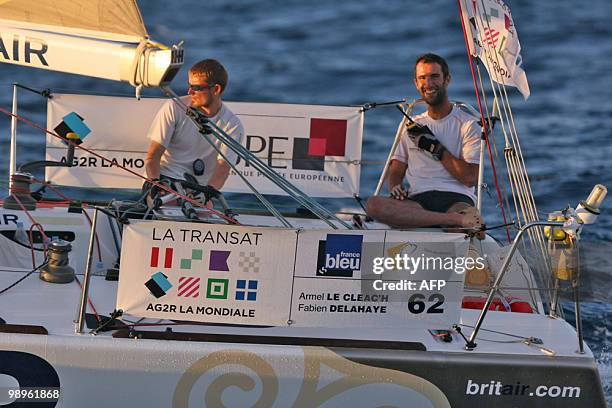 French skippers Armel Le Cleac'h and Fabien Delahaye sail their "Brit Air" monohull on May 10 during the AG2R La Mondiale sailing race between...