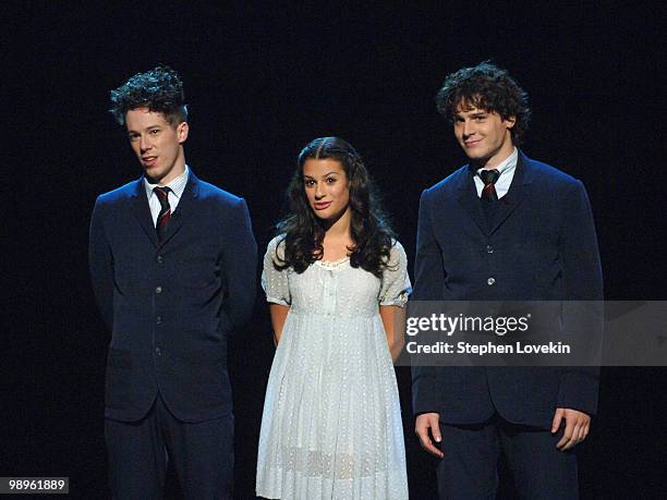 John Gallagher Jr., Lea Michele and Jonathan Groff from "Spring Awakening" announce an upcoming number from the show