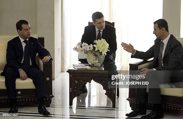 Syrian President Bashar al-Assad meets with his Russian counterpart Dmitry Medvedev in Damascus on May 11, 2010. Medvedev began the first visit by a...