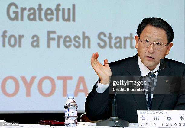 Akio Toyoda, president of Toyota Motor Corp., speaks during a news conference at the company's headquarters, in Tokyo, Japan, on Tuesday, May 11,...