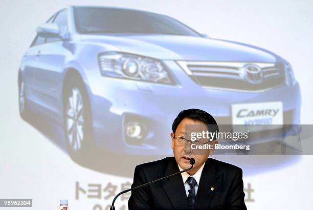 Akio Toyoda, president of Toyota Motor Corp., speaks during a news conference at the company's headquarters, in Tokyo, Japan, on Tuesday, May 11,...