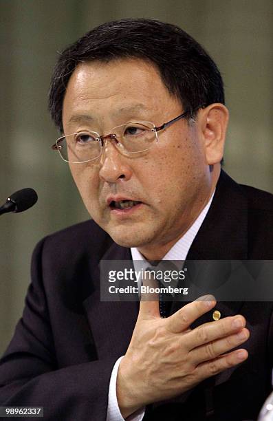 Akio Toyoda, president of Toyota Motor Corp., speaks during a news conference at the company's headquarters, in Tokyo, Japan, on Tuesday, May 11,...