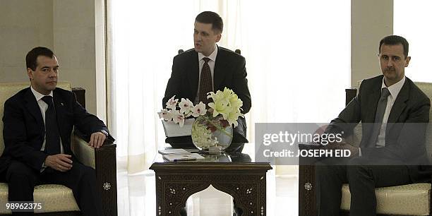 Syrian President Bashar al-Assad meets with his Russian counterpart Dmitry Medvedev in Damascus on May 11, 2010. Medvedev began the first visit by a...