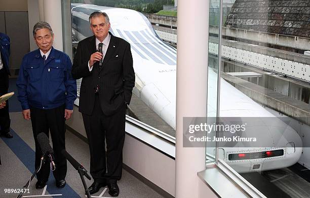 Secretary of Transportation Ray LaHood speaks to reporters as he attends a test ride of a magnetically levitated train developed by Central Japan...