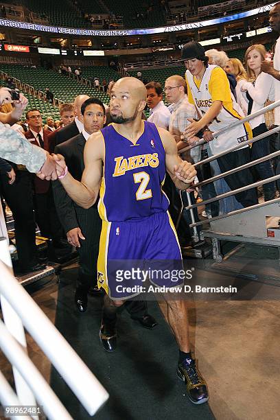 Derek Fisher of the Los Angeles Lakers leaves the court after the game win against the Utah Jazz in Game Four of the Western Conference Semifinals...