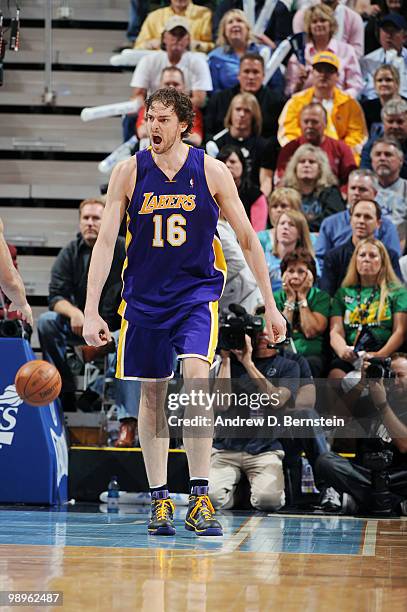 Pau Gasol of the Los Angeles Lakers reacts during the game against the Utah Jazz in Game Four of the Western Conference Semifinals during the 2010...