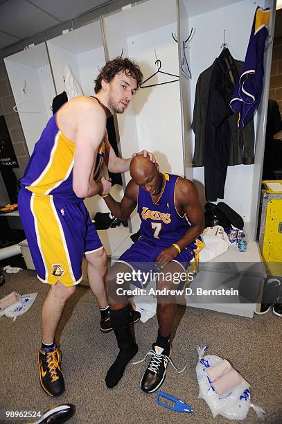 Pau Gasol and Lamar Odom of the Los Angeles Lakers in the locker room after the game win over the Utah Jazz in Game Four of the Western Conference...