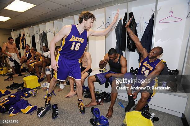 Pau Gasol and Kobe Bryant of the Los Angeles Lakers in the locker room after the game win against the Utah Jazz in Game Four of the Western...