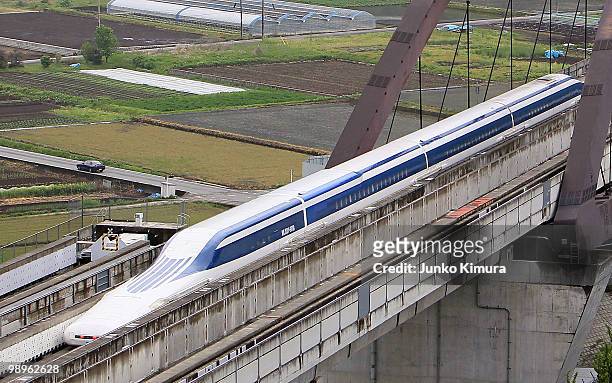 Magnetically levitated train developed by Central Japan Railways Co operates a test run at JR Central Yamanashi Maglev Test Line on May 11, 2010 in...
