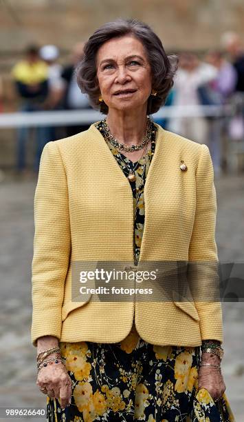 Queen Sofia inaugurates the conservation and restoration project of the arcade of Santiago's Cathedral on July 2, 2018 in Santiago de Compostela,...