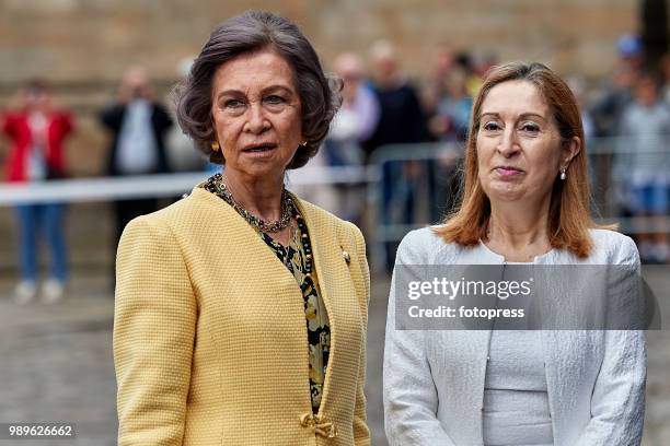 Ana Pastor and Queen Sofia inaugurate the conservation and restoration project of the arcade of Santiago's Cathedral on July 2, 2018 in Santiago de...