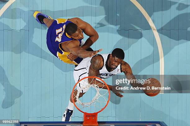 Wesley Matthews of the Utah Jazz goes to the basket against Andrew Bynum of the Los Angeles Lakers in Game Four of the Western Conference Semifinals...