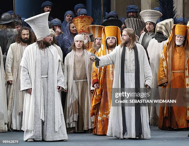 Andreas Richter in the role of Jesus and residents of the small Bavarian village of Oberammergau perform during a dress rehearsal at Oberammergau's...