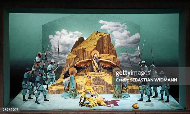 Residents of the small Bavarian village of Oberammergau perform during a dress rehearsal at Oberammergau's Passion Play theatre on May 10, 2010. The...