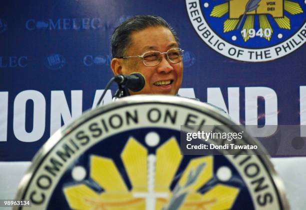 Chairman on Commission of Elections Jose Melo gives a briefing on the partial official election results at the Philippine International Convention...