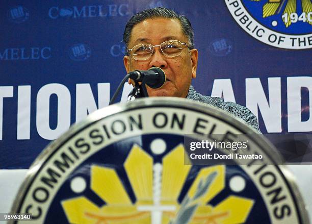 Chairman on Commission of Elections Jose Melo gives a briefing on the partial official election results at the Philippine International Convention...