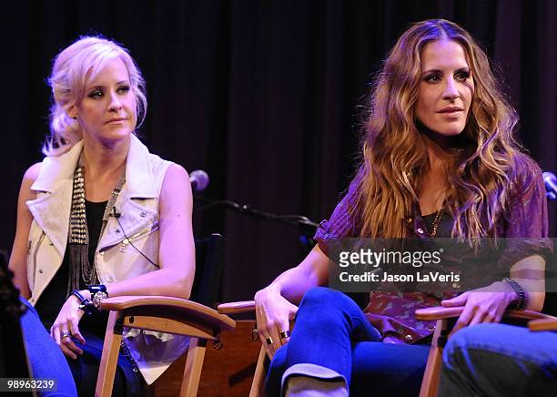 Martie Maguire and Emily Robison of The Court Yard Hounds onstage during a Q&A at The Grammy Museum on May 10, 2010 in Los Angeles, California.