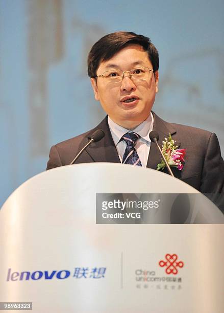 Lenovo Group's CEO Yang Yuanqing delivers a speech during the launching ceremony of 'LePhone' on May 11, 2010 in Beijing of China. The first version...