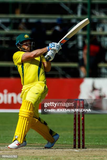 Australia captain Aaron Finch plays a shot during the second match between Australia and Pakistan as part of a T20 tri-series which includes host...