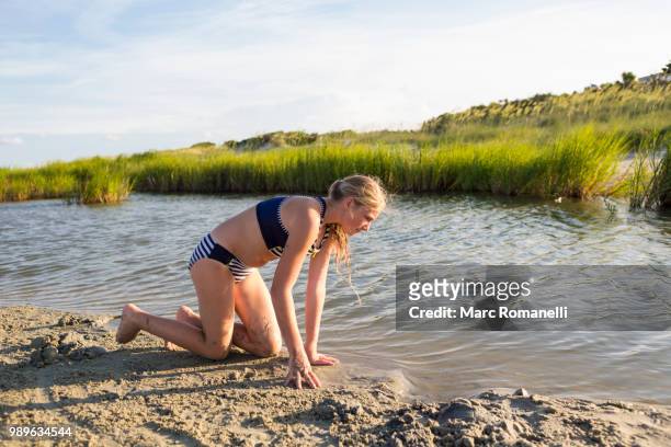 girl exploring waters edge - marc romanelli stock pictures, royalty-free photos & images