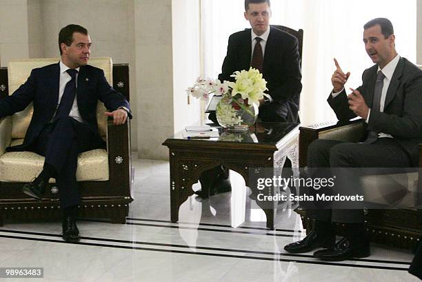 Syrian President Bashar Assad receives Russian President Dmitry Medvedev May 10, 2010 in Damascus, Syria. Medvedev is on a two-day state visit and...