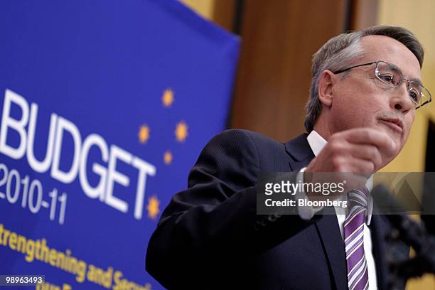Wayne Swan, Australia's treasurer, speaks during a news conference at Parliament House, in Canberra, Australia, on Tuesday, May 11, 2010. Australia's...