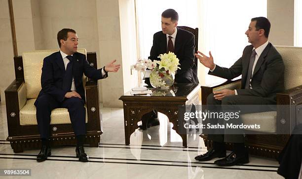 Syrian President Bashar Assad receives Russian President Dmitry Medvedev May 10, 2010 in Damascus, Syria. Medvedev is on a two-day state visit and...