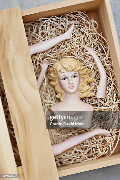 doll pieces in a shipping crate - shipping ahead of export figures stock-fotos und bilder