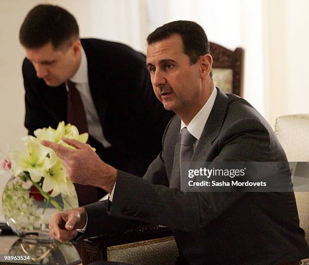 Syrian President Bashar Assad receives Russian President Dmitry Medvedev May 10, 2010 in Damascus, Syria. Medvedev is on a two-day state visit and...