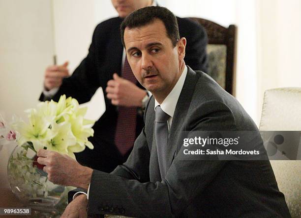 Syrian President Bashar Assad receives Russian President Dmitry Medvedev May 10, 2010 in Damascus, Syria. Medvedev is on a two-day state visit and...