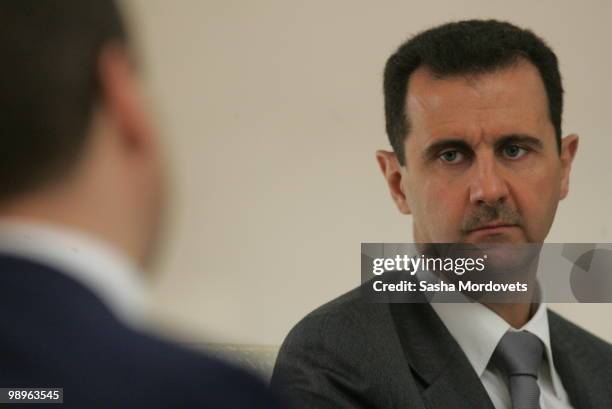 Syrian President Bashar Assad receives Russian President Dmitry Medvedev May 10, 2010 in Damascus, Syria. Medvedev is on a two-day state visit and...