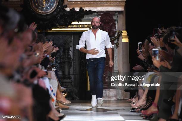 Bertrand Guyon is applauded on the runway during the Schiaparelli Haute Couture Fall Winter 2018/2019 show as part of Paris Fashion Week on July 2,...