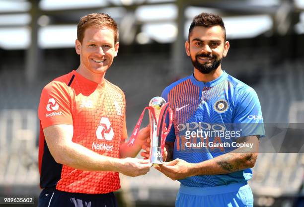 England captain Eoin Morgan and India captain Virat Kohli hold the series trophy ahead of tomorrow's Vitality International T20 at Emirates Old...