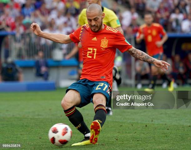 David Silva of Spain shoots during the 2018 FIFA World Cup Russia Round of 16 match between Spain and Russia at Luzhniki Stadium on July 1, 2018 in...